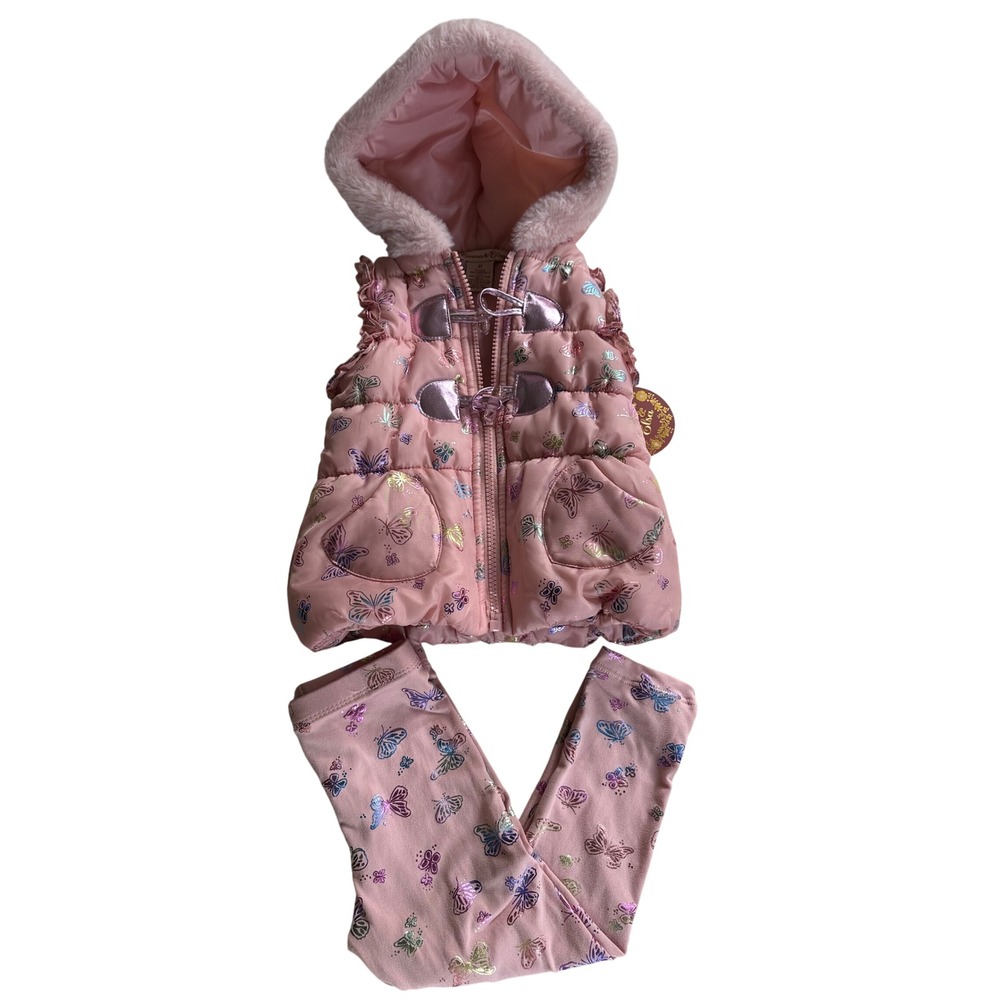 Emma & Elsa Girls Pink Butterfly Puffer Vest and Leggings Set 2T NWT